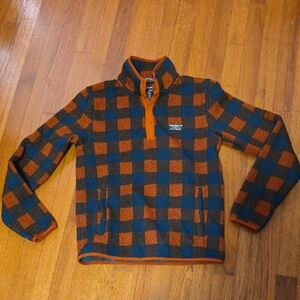 L.L. Bean Orange and Blue Checkered Fleece Pullover